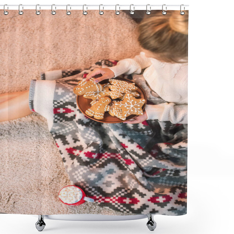 Personality  Woman In Patterned Blanked Holding Christmas Gingerbread Cookies  Shower Curtains