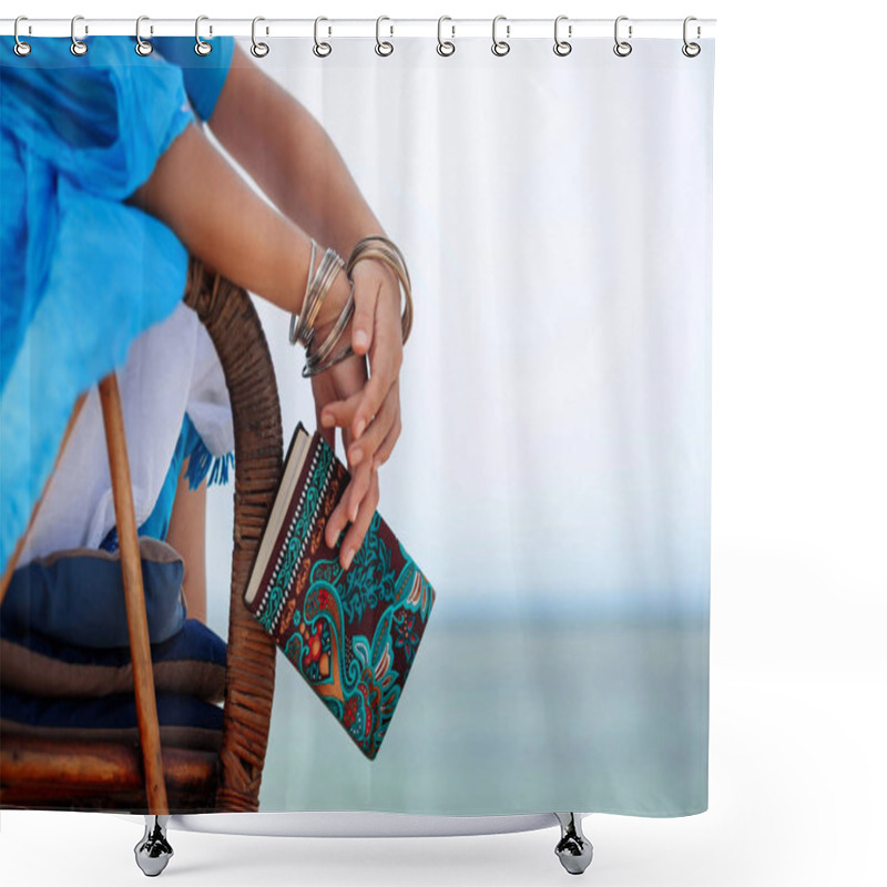 Personality  Beautiful Young Woman Sitting In Chair On Beach Shower Curtains