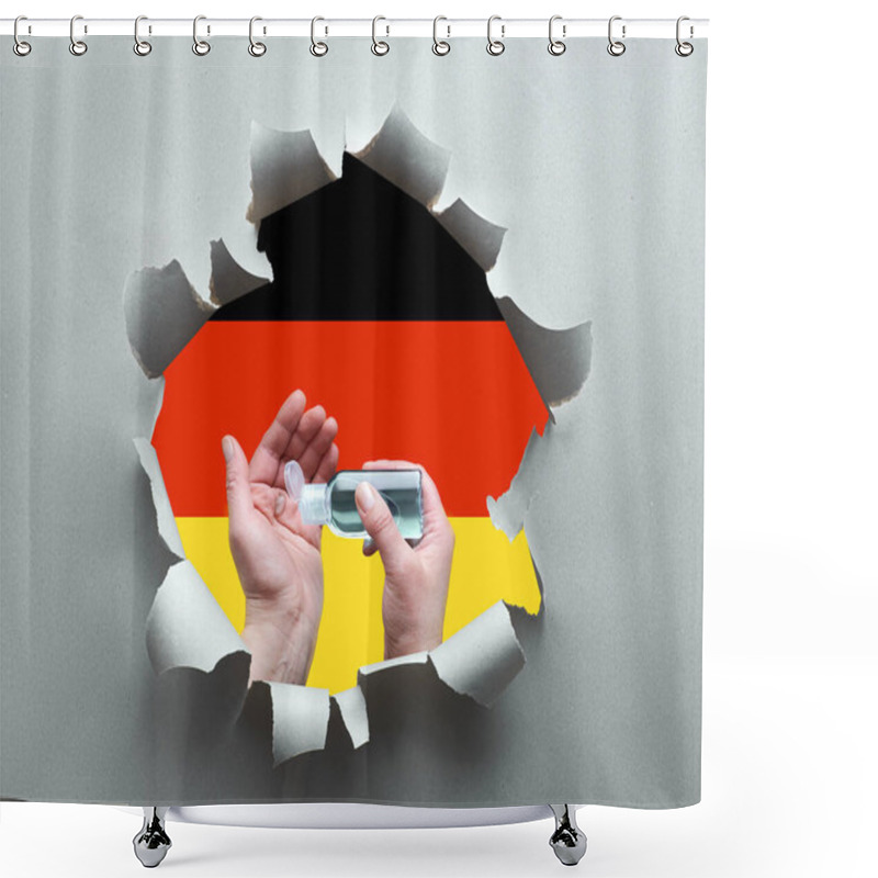 Personality  Germany Fight With Novel Coronavirus. Hand Hygiene With Disinfection Gel In Paper Hole With German Flag Inside. Hygiene Measures, Prevention Of Public Health Threat From Viral Pneumonia Covid-19. Shower Curtains