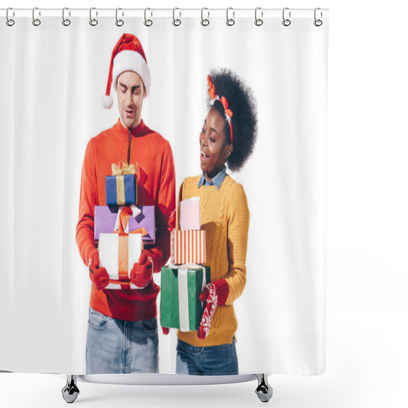 Personality  Happy Interracial Couple In Santa Hat And Deer Horns Holding Christmas Presents, Isolated On White Shower Curtains