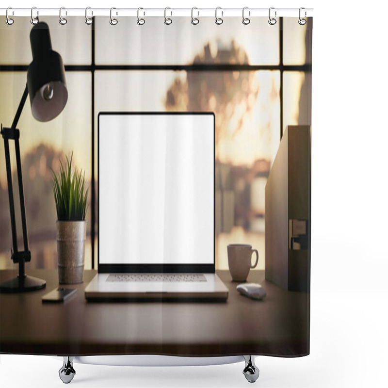 Personality  Laptop With Blank Screen On Table In Livingroom During Golden Sunset Or Sunrise - Home Office Background Shower Curtains