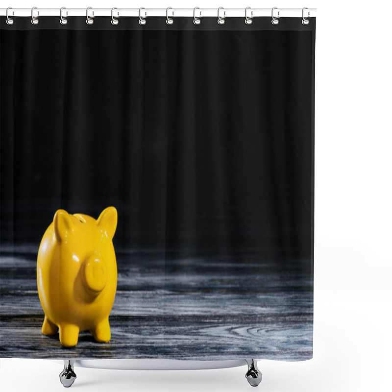 Personality  Close-up View Of Yellow Piggy Bank On Wooden Table On Black Shower Curtains