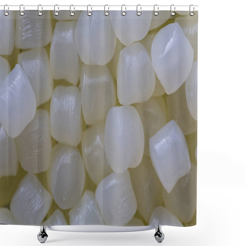 Personality  White Plastic Beads On Wood  Background, Polymers Bead Or Polymer Resin, Polymer Pallet, Product From Petrochemical Plants. Granules Polymer, Shower Curtains