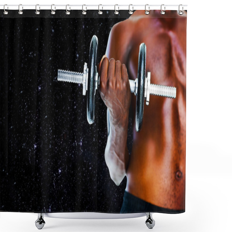 Personality  Composite Image Of Mid Section Of Fit Shirtless Man Holding Dumb Shower Curtains