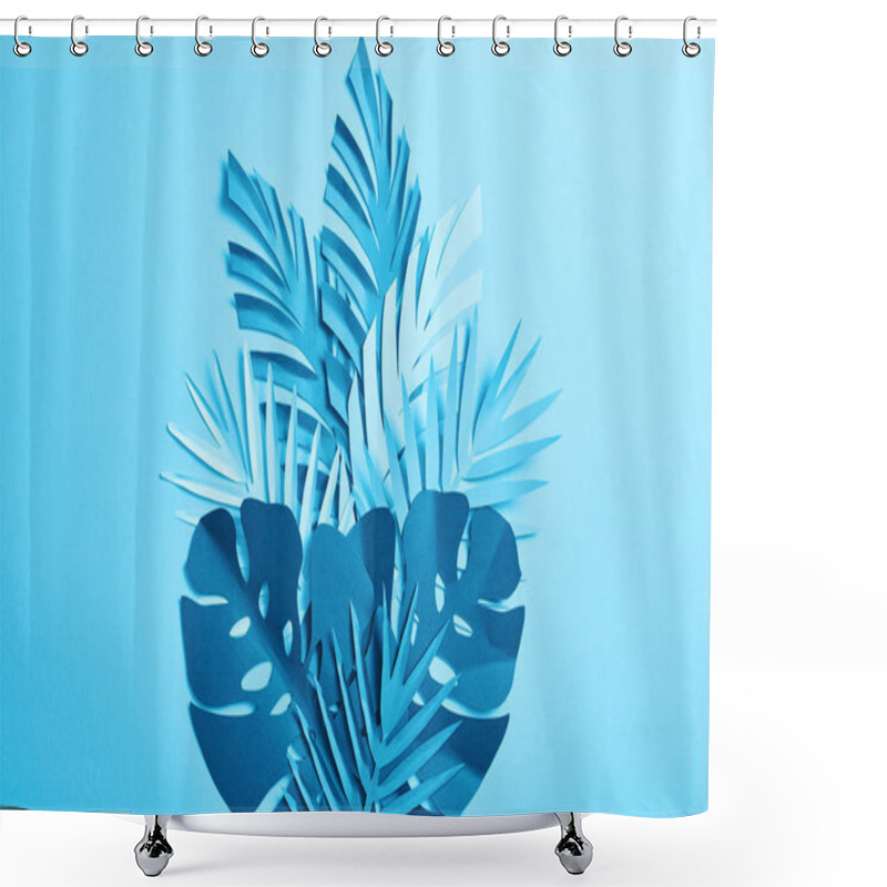 Personality  Top View Of Blue Exotic Paper Cut Palm Leaves On Blue Background With Copy Space Shower Curtains