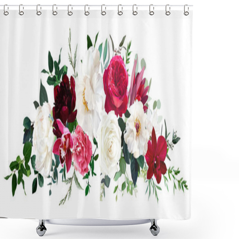 Personality  Trendy Magenta Bouquets Vector Design Bouquet. Hot Pink Roses, Barbie Pink Ranunculus, White Peony, Dark Orchid, Hydrangea, Ivory Magnolia, Carnation. All Elements Are Isolated And Editable On White. Shower Curtains