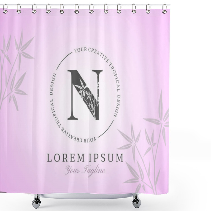 Personality  Feminine Letter N Logo With Bamboo Leaves Texture Design Logo Icon. Creative Tropical Beauty Alphabetical Nature Logo Template. Shower Curtains