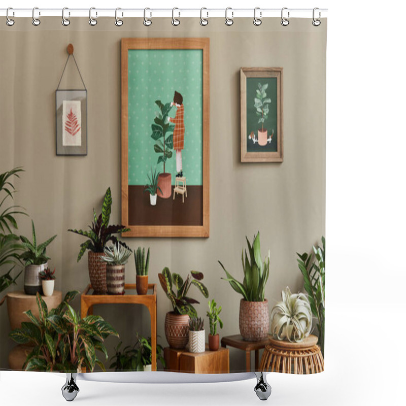 Personality  Stylish Botany Composition Of Home Garden Interior With Wooden Mock Up Poster Frame, Filled A Lot Of Beautiful House Plants, Cacti, Succulents In Different Design Pots And Floral Accessories. Template Shower Curtains