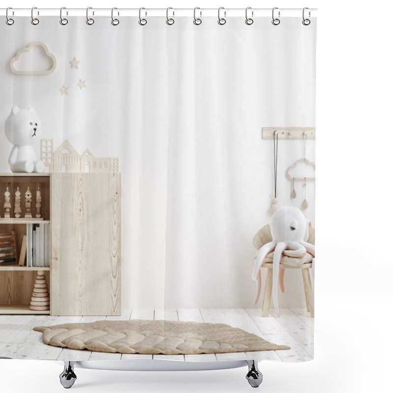 Personality  Blank Wall Mock Up In Cozy Nursery Interior Background, Scandinavian Style, 3D Render Shower Curtains