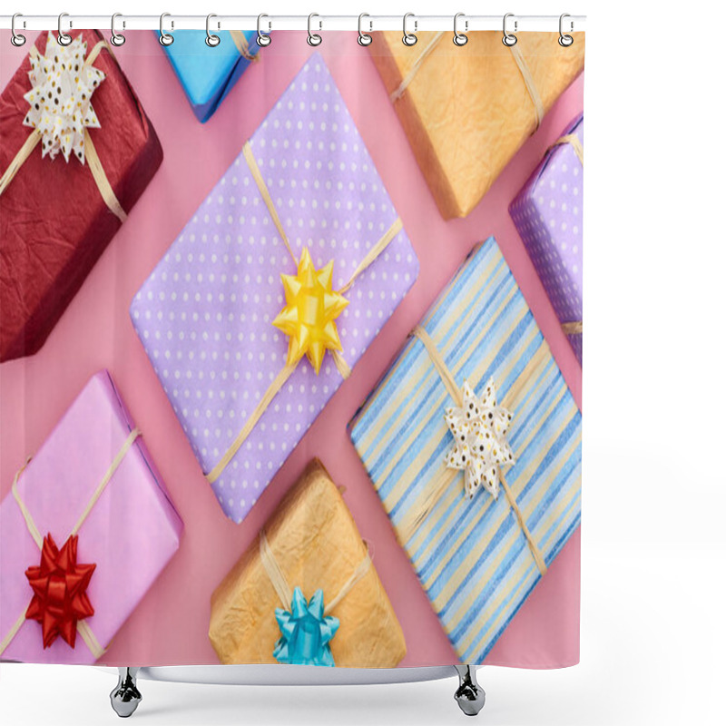 Personality  Top View Of Wrapped Gift Boxes With Bows On Pink  Shower Curtains