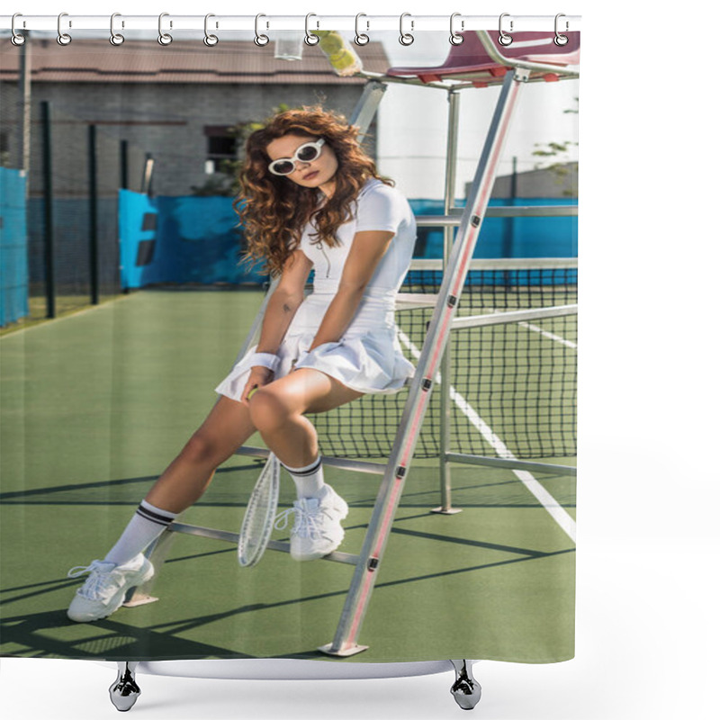 Personality  Stylish Woman In White Tennis Uniform And Sunglasses With Racket And Ball Leaning On Referee Chair On Tennis Court Shower Curtains