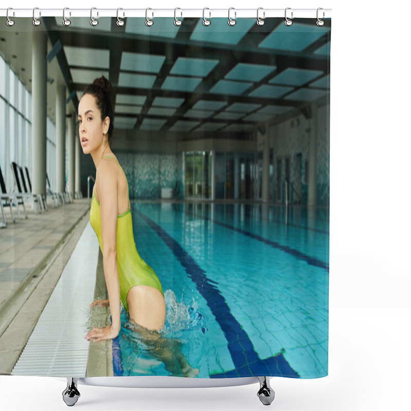 Personality  A Young Brunette Woman Wearing A Green Bathing Suit Sits Gracefully On A Ledge Next To An Indoor Swimming Pool. Shower Curtains