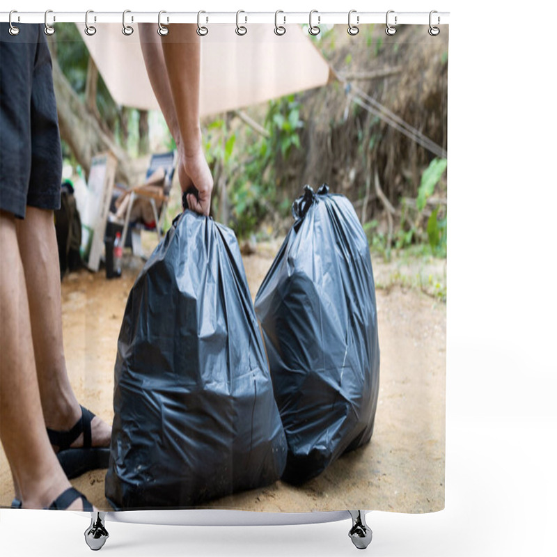 Personality  Asian People Collecting Litter,tying A Plastic Bag Filled With Food Scraps,separate Garbage Bags For Waste Disposal,cleaning Area,keep Clean,picking Trash Rubbish After Camping In Nature Forest Shower Curtains