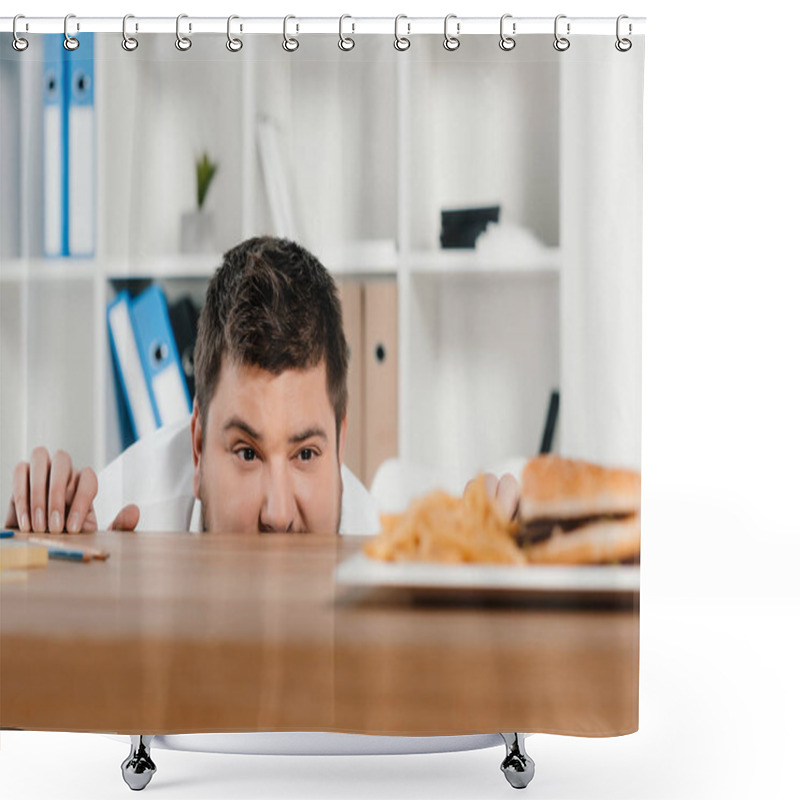 Personality  Overweight Businessman Looking At Hamburger And French Fries At Workplace Shower Curtains