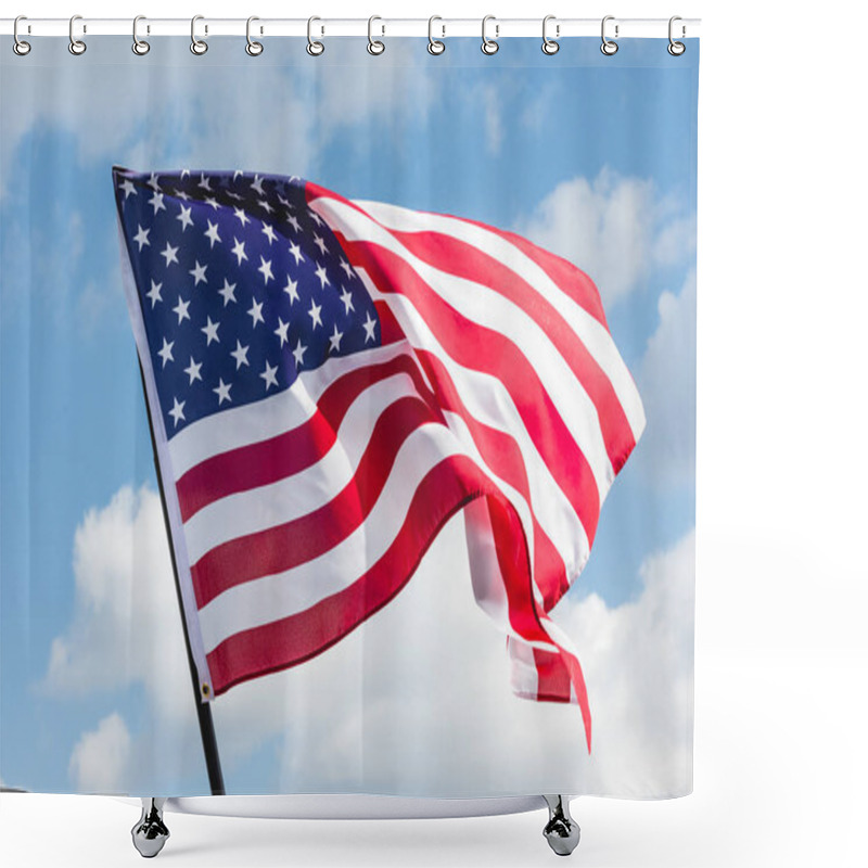 Personality  Low Angle View Of Stars And Stripes On American Flag Against Blue Sky Shower Curtains