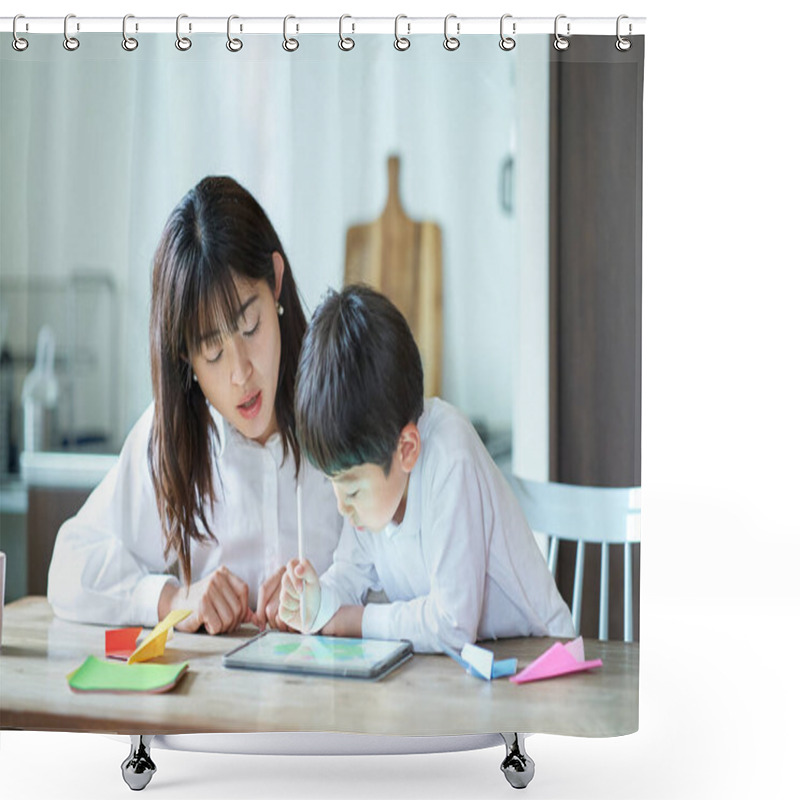 Personality  Mother And Child Playing With A Tablet PC In The Room Shower Curtains