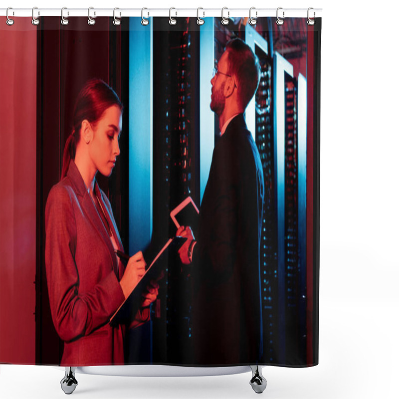 Personality  Attractive Businesswoman Holding Clipboard Near Businessman With Digital Tablet In Data Center  Shower Curtains