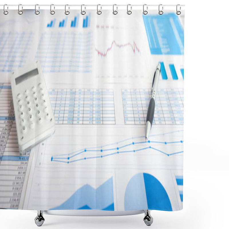 Personality  Calculator And Pen Over Paperwork Shower Curtains