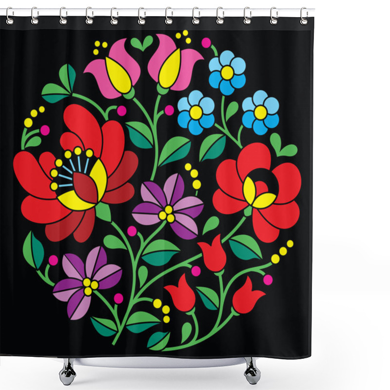 Personality  Kalocsai Embroidery - Hungarian Round Floral Folk Pattern On Black Shower Curtains