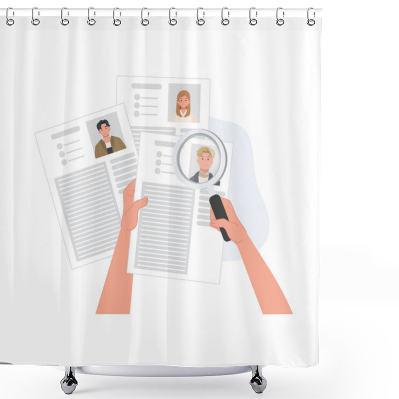 Personality  Human Resources Professional Using Magnifying Glass For Job Application Screening And Candidate Revie Shower Curtains