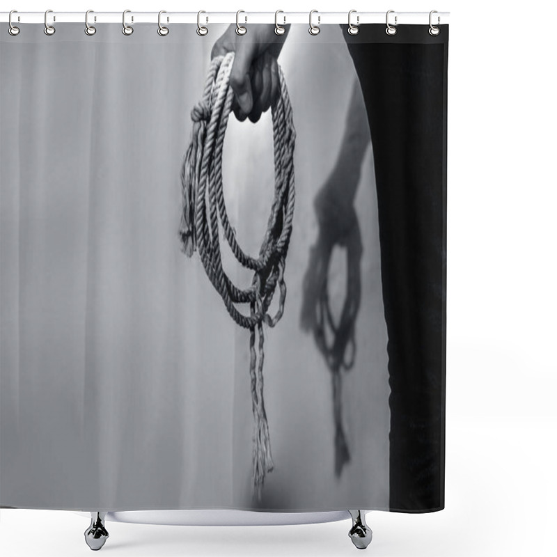 Personality  Close Up Shot Of Male Holding A Lasso Or Cowboy Rope In His Hands Against A White Wall. Shower Curtains