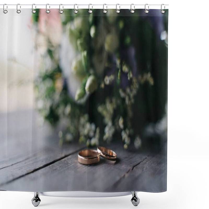 Personality  A Couple Of Golden Wedding Rings On Dark Wooden Table With Bride's Bouquet On Background, Soft Focus, Warm Cozy Light Shower Curtains