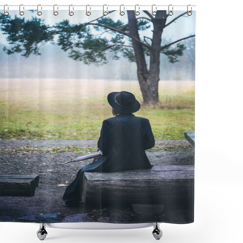 Personality  Girl In A Black Coat Sitting On A Wooden Bench Shower Curtains