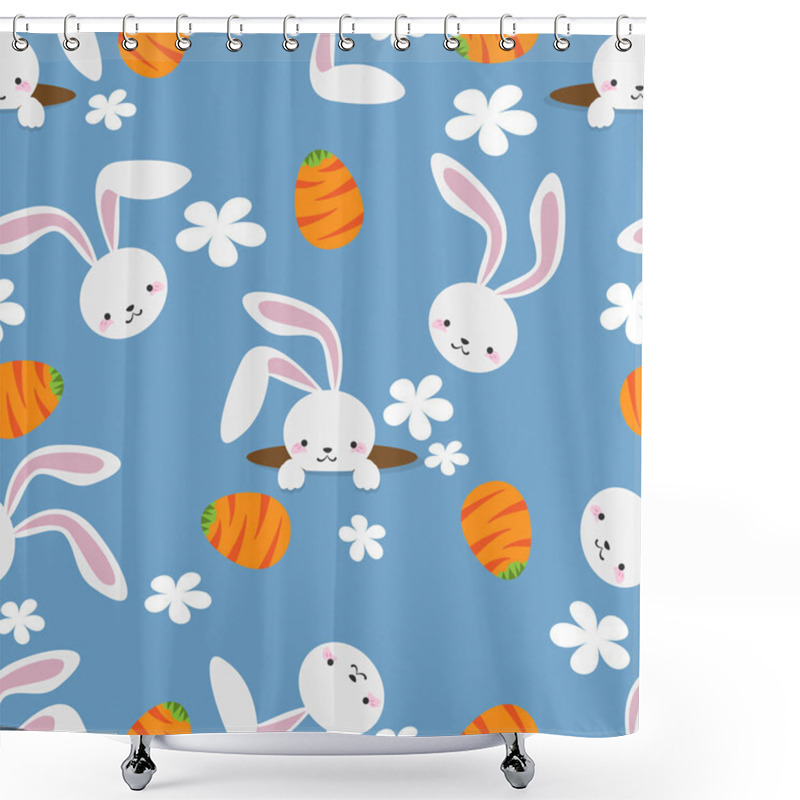 Personality  Happy Easter Seamless Pattern Of Cute White Rabbits With Easter Eggs Drawn As Carrots Pattern And White Flowers On Light Blue Background. Vector Illustration. Shower Curtains