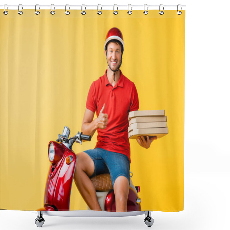 Personality  Happy Delivery Man In Helmet Holding Pizza Boxes While Showing Thumb Up Near Scooter On Yellow Shower Curtains