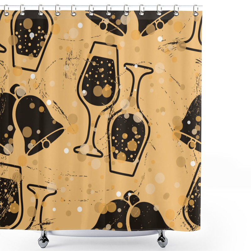 Personality  Seamless Pattern With Glass Of Champagne And Jingle Bell In Old Retro Style. Repeated Vintage Pattern Grunge Design For Wrapping Paper Or Background. Craft Paper Imitation. New Year Drink Silhouette Shower Curtains