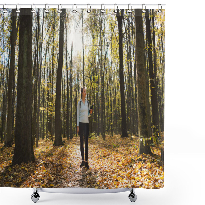 Personality  A Girl In Warm Clothes Walks Through An Autumn Forest. Body Positive, Sports For Women, Harmony, Healthy Lifestyle, Self-love And Wellness. Shower Curtains