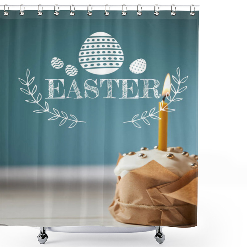 Personality  Traditional Easter Cake With Burning Candle On Blue Background With Easter Lettering Shower Curtains