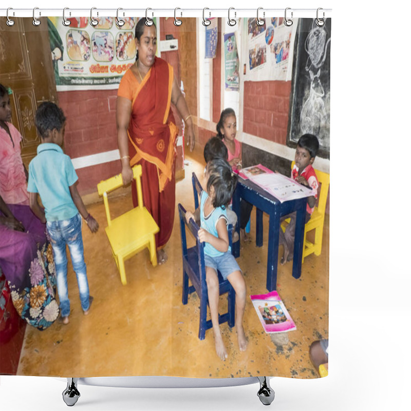 Personality  Poor Government Preschool Teacher And Her Group Of Kids Raising Their Hands And Having Some Fun At School Shower Curtains