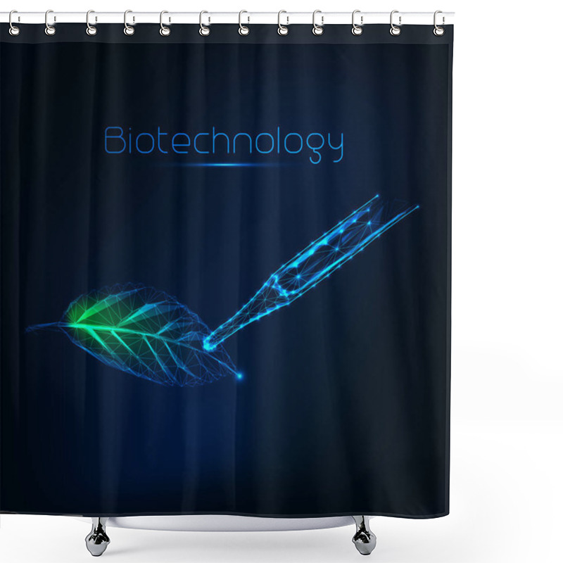 Personality  Futuristic Biotechnology Concept With Glow Low Poly Green Leaf And Dropper On Dark Blue. Shower Curtains