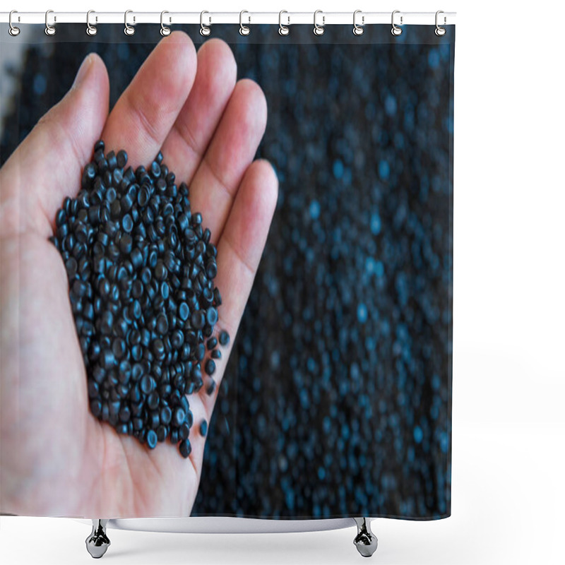 Personality  Close-up Of Plastic Polymer Granules. Hand Hold Polymer Pellets. Shower Curtains