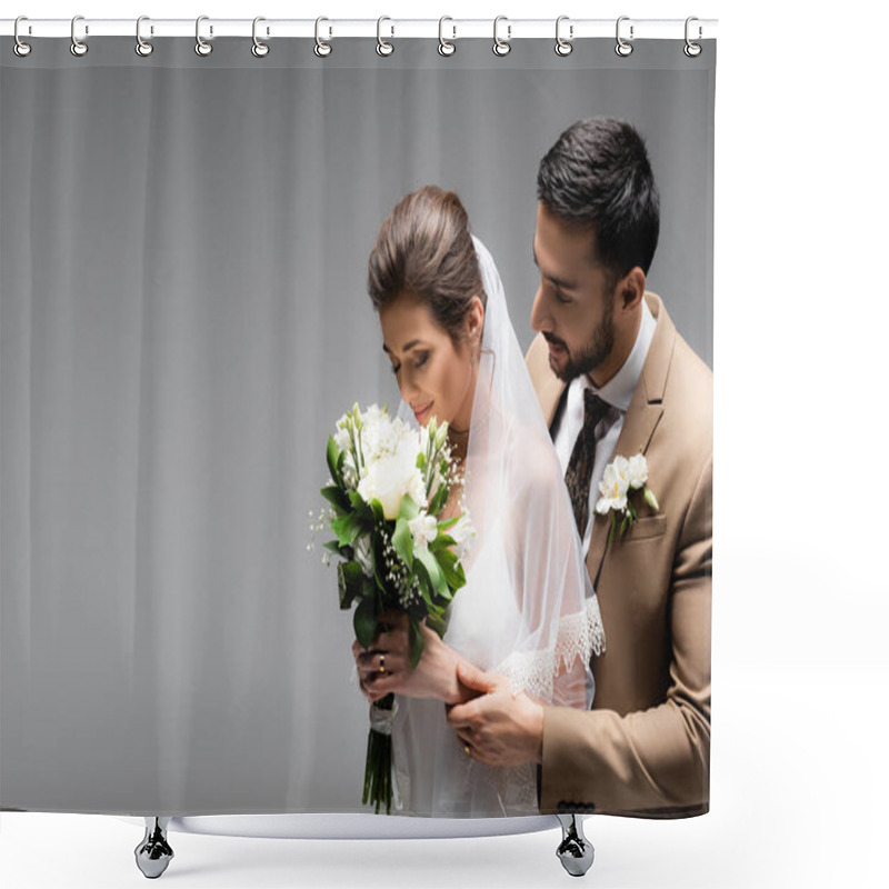 Personality  Bride Smelling Wedding Bouquet Near Arabian Groom Isolated On Grey  Shower Curtains