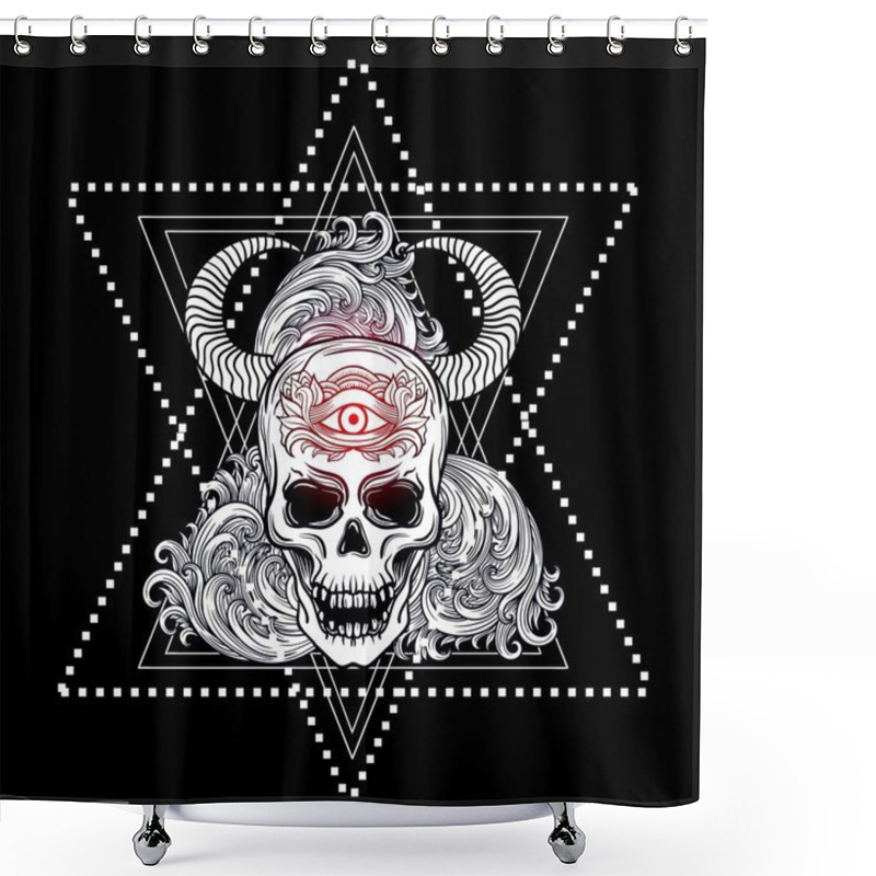 Personality  Skull With Bull Horns, Feathers And Third Eye. Sacred Geometry, Alchemy, Religion, Philosophy, Spirituality. Dotwork Blackwork Hipster Style Tattoo.Vector Artwork. Shower Curtains