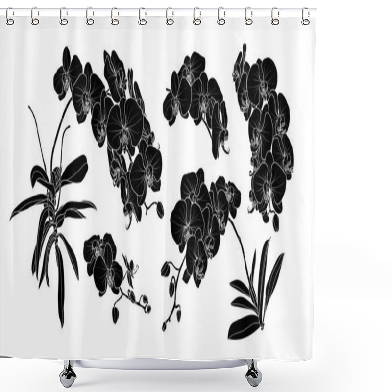 Personality  Set Of Isolated Silhouette Orchid Branch In 5 Styles Set 2. Cute Hand Drawn Flower Vector Illustration In White Outline And Black Plane On White Background. Shower Curtains