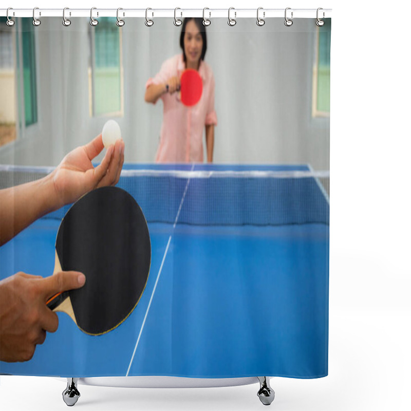 Personality  Adult Asian Woman Are Waiting To Start Playing Table Tennis Or Ping Pong Indoor. Leisure With Competing In Sports Games In The House, Recreation Or Exercise Stay At Home With The Family In Thailand Shower Curtains