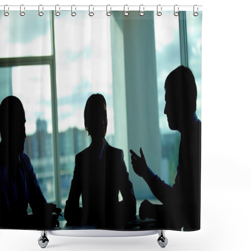 Personality  Three Businesspeople Talking In Dark Office  Shower Curtains