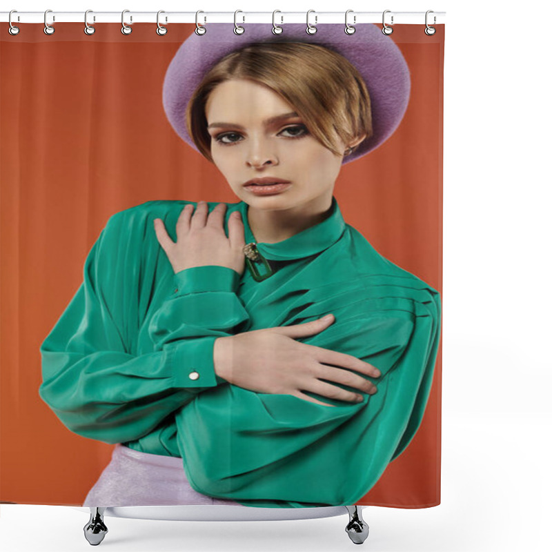 Personality  A Woman In A Vibrant Green Shirt And A Lavender Beret Poses Against A Warm Orange Backdrop. Shower Curtains