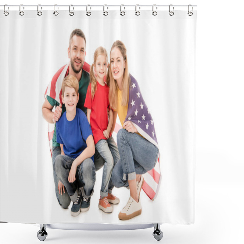 Personality  Smiling Family With American Flag Looking At Camera Isolated On White Shower Curtains