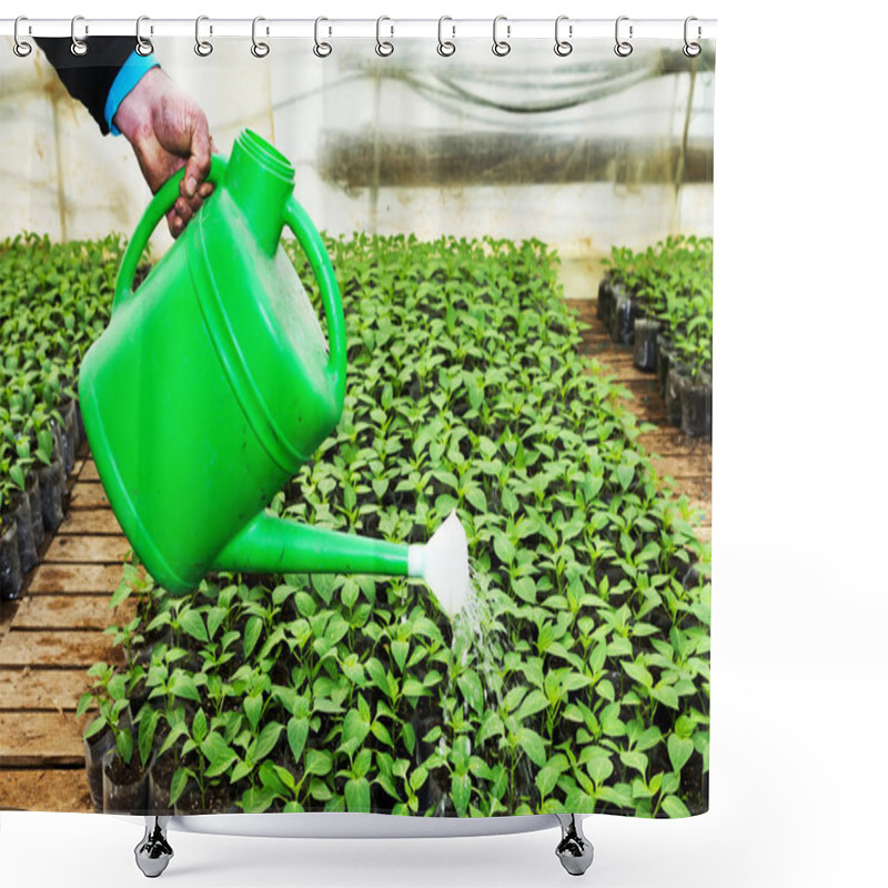 Personality  Close Up In The Hands Of A Man While Spraying The Small Plants I Shower Curtains