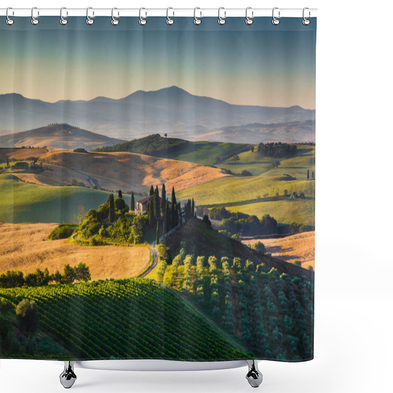 Personality  Scenic Tuscany Landscape With Rolling Hills And Valleys In Golden Morning Light, Val D'Orcia, Italy Shower Curtains