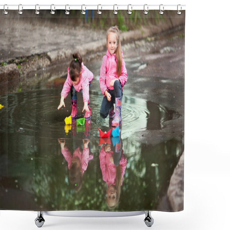 Personality  Girls Playing In Puddle Shower Curtains