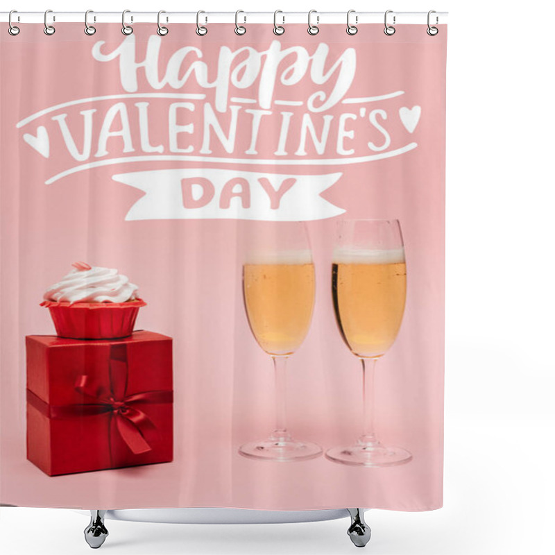 Personality  Champagne Glasses Near Gift, Cupcake And Happy Valentines Day Lettering On Pink Shower Curtains