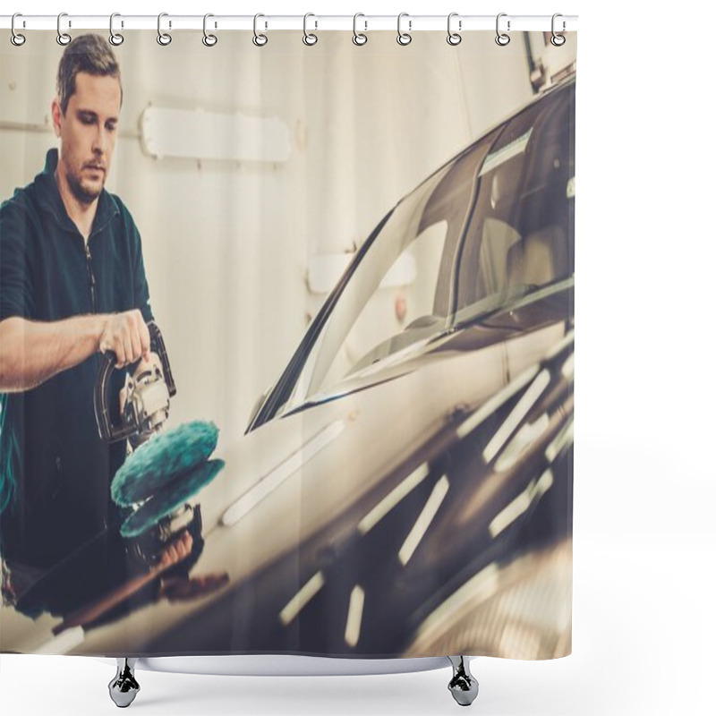 Personality  Man On A Car Wash Polishing Car With A Polish Machine  Shower Curtains