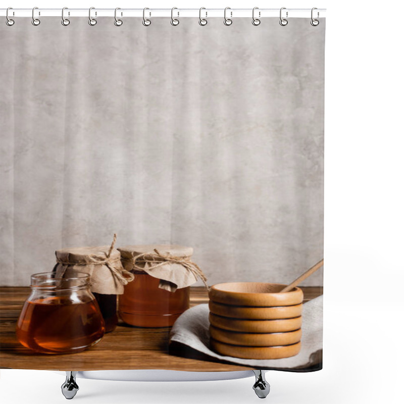 Personality  Jars With Yellow And Brown Honey Near Wooden Container On Grey Marble Background Shower Curtains