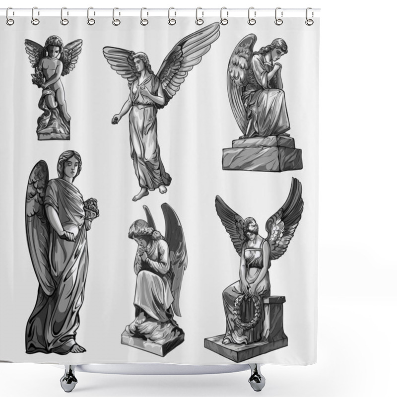 Personality  Set Off Crying Praying Angels Sculptures With Wings. Monochrome Illustration Of The Statues Of An Angel. Isolated. Vector Illustration Shower Curtains