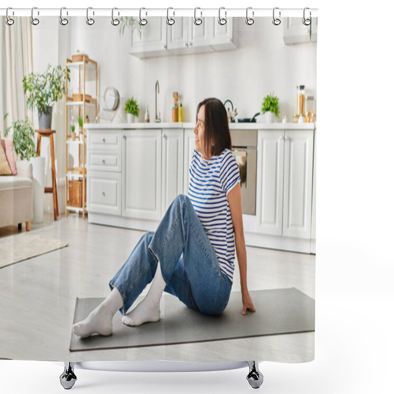 Personality  Mature Woman In Cozy Homewear Engaging In Yoga On A Mat In Her Living Room. Shower Curtains